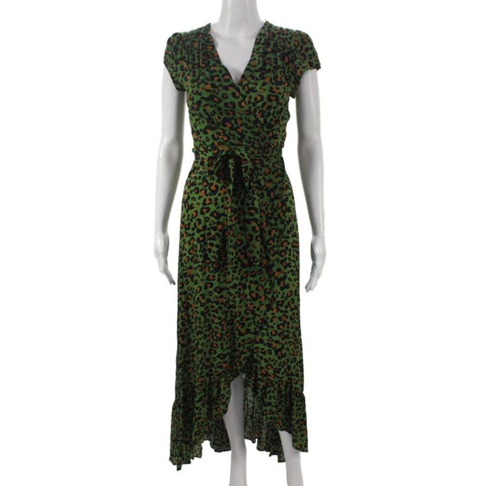 Cindi Gindi Womens Wrap Dress Green Animal Print V Neck Midi Size S